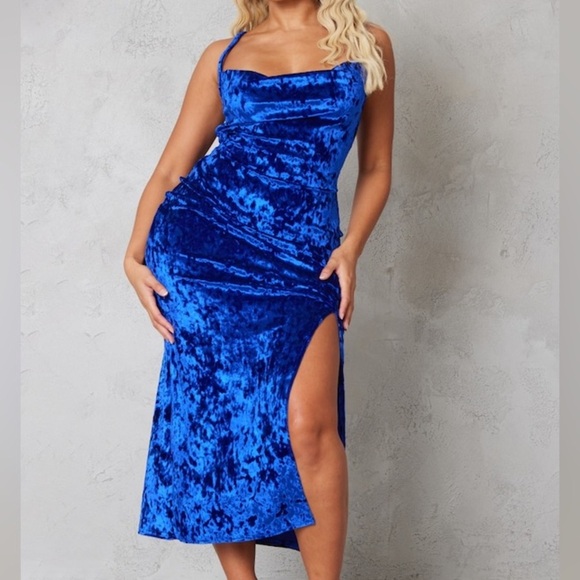 PrettyLittleThings Blue Crushed Velvet Dress (Size 12) - Picture 1 of 7
